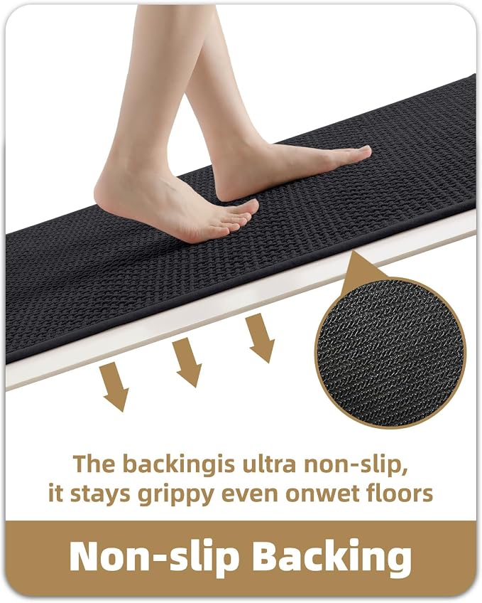 Color&Geometry Rubber Backed Waffle Bath Mat 47x17, Non Slip Water Washable Bathroom Rugs, Soft Absorbent Chenille Boho Carpet for Bathroom Floor, Tub and Shower, Black