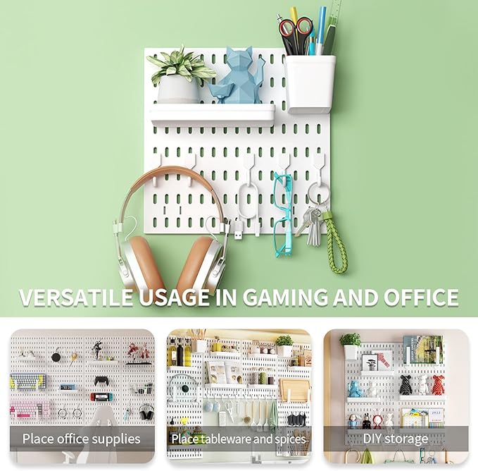 SHGJ&SOFT Peg Board Wall Organizer Panels, 22pcs - Includes 4 White Pegboards & Accessories, Plastic Pegboard for Home，Office, Craft Room, Gaming Setup, 24″×24″, Wall Mount Display Pegboard Panel Kits