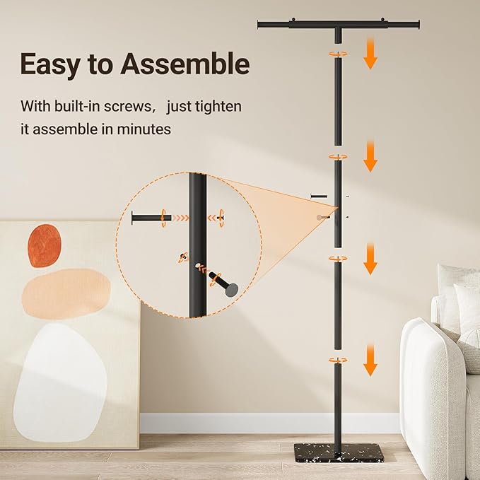 ELYKEN Coat Rack Freestanding with Natural Marble Base, Width Adjustable T-shaped Metal Coat Tree with 2 Hooks, Modern Coat Rack Stand for Jacket, Clothes & Bag, Hall Tree for Entryway, Bedroom, Black