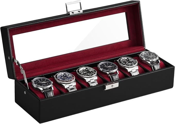 ProCase 6 Slot Watch Case Box for Men, PU leather Man Watch Organizer with Soft Pillow, Lockable Watch Collection Storage Holder with Glass Display Lid, Fathers Day Gift for Dad -Winered