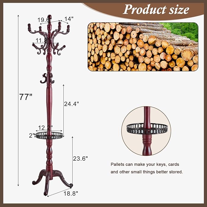Wooden Coat Rack Freestanding, Vintage Coat Racks with Sturdy Round Base, Adjustable Height 37.40"-72.83" Entrance Coat Rack for Bedroom Living Room Entryway (Rosewood Upgraded version)