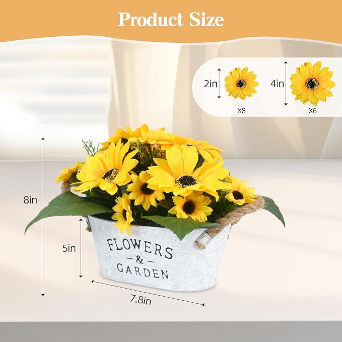 Sunflower Decor in Metal Pot – Artificial Sunflowers Bouquet with Cotton Handles, Centerpiece for Desk, Kitchen, Bathroom, Office, Classroom, Living Room, Table Decoration