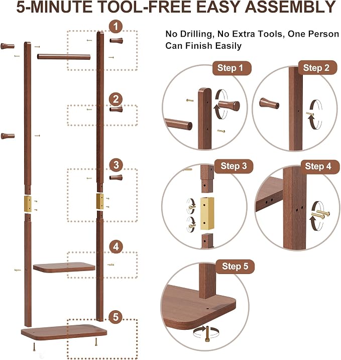 Solid Wood Coat Rack Freestanding, Clothing Rack with 5 Hooks & Bottom Shelf, Heavy Duty Coat Rack Stand for Hanging Clothes, Wood Hall Tree Organizer for Entryway, Bedroom (Walnut Brown)