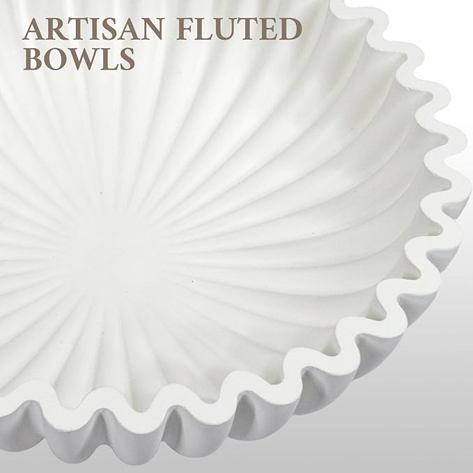 MAONAME Concrete Decorative Bowl, White Fruit Bowl for Kitchen Counter, Modern Handicraft Coffee Table Key Bowls, Large Scalloped Ruffle Bowls for Entryway, Home Decor