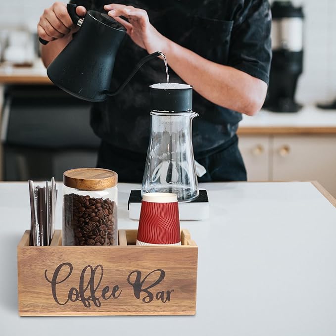 Acacia Wood Station Organizer,Coffee Station Organizer for Cup Lid Stirrers Pod, Disposable Coffee Cup Holder, Farmhouse Accessories Decor, Brown Labeled "Coffee Bar"