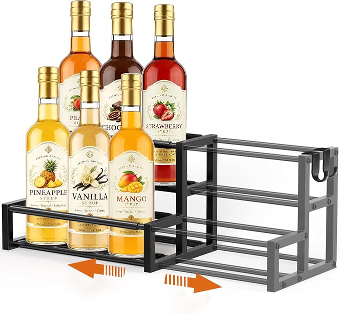 Expandable Coffee Syrup Organizer, Heavy Duty Syrup Rack Enlarged 6-12 Bottles Syrup Stand for Coffee Bar Accessories, Width Adjustable Space-Saving Storage Coffee Rack