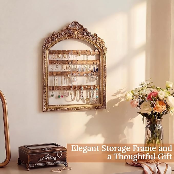 1 Pcs 10 x 6.9'' Wall Hanging Earring Holder Organizers Vintage Arched Frame 4 Layer Wall Mounted Jewelry Holder Decorative Retro Baroque Stud Earring Display (Gold)