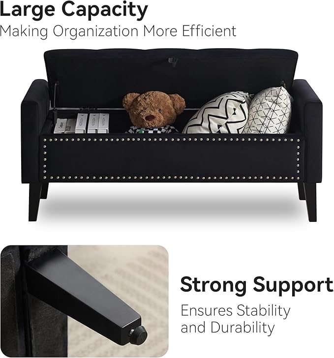 WUTUTUEE 47" Velvet Storage Bench, Upholstered Bed Bench with Storage, End of Bed Ottoman with Wooden Legs,Bedside Storage Bench for Bedroom, Living Room, or Entryway, Black
