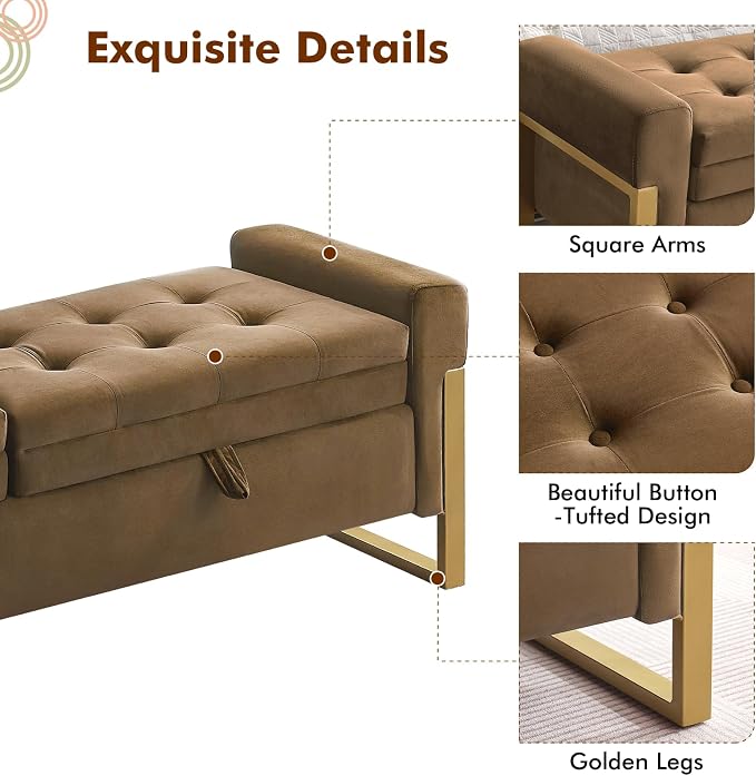 67" End of Bed Bench King Size, Velvet Storage Bench for Bedroom Foot of Bed, Double Lids Storage Bench with Golden Legs, Upholstered Ottoman Bench for Living Room Window Entryway, Brown