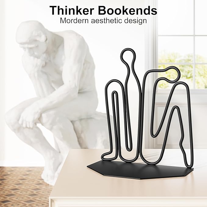 Alsonerbay Thinker Decorative Book Ends for Shelves, Metal Novelty Bookends with Non-Slip Base, Heavy Duty Book Stoppers for Home Office Decor (Black, 1 Pair)