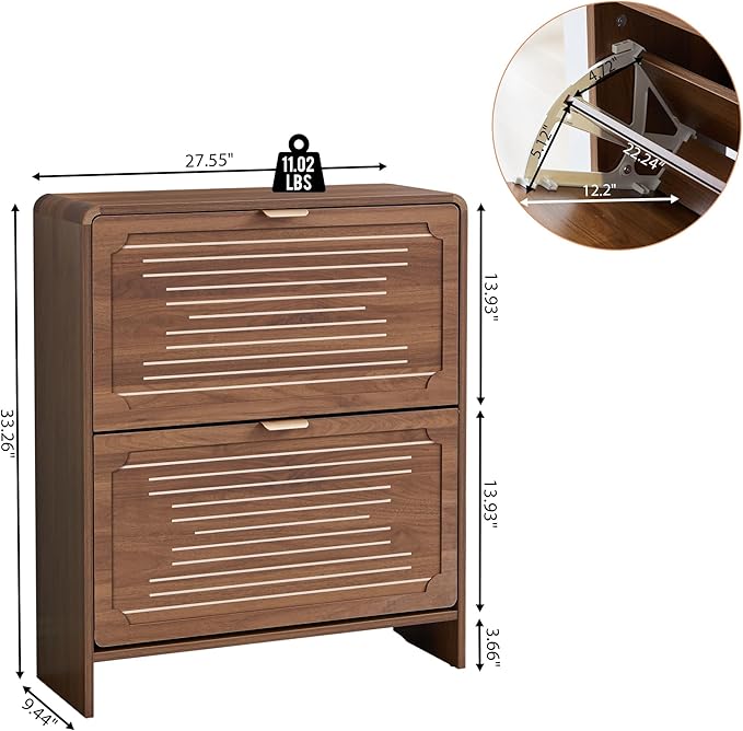 Narrow Shoe Cabinet, Wood Shoe Rack for Entryway with 2 Flip Drawers, Mid-Century Modern Slim Shoe Storage Cabinet Freestanding Hidden Shoes Organizer for Foyer, Hallway (Walnut, 27.56'')