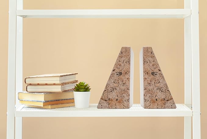 Marble Bookends for Shelves – Natural Stone Decorative Heavy Duty Bookends (Fossil Stone)