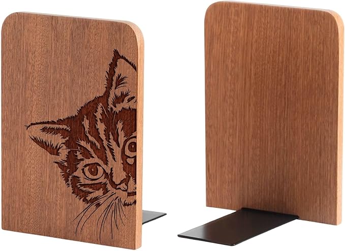 INNObeta Decorative Wooden Book Ends, Animal Bookends, Heavy Duty Bookends for Shelves Unique Design(1 Pair, 4.72x6.69 Inches) - CatPeek