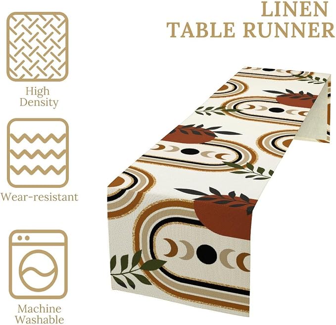 YCness Boho Mid Century Table Runner for Laundry Room Party Kitchen Dining Modern Sun Moon Phase Abstract Minimalist Aesthetic Leaves Arch Geometric Brown Black Orange, 13x108 Inch