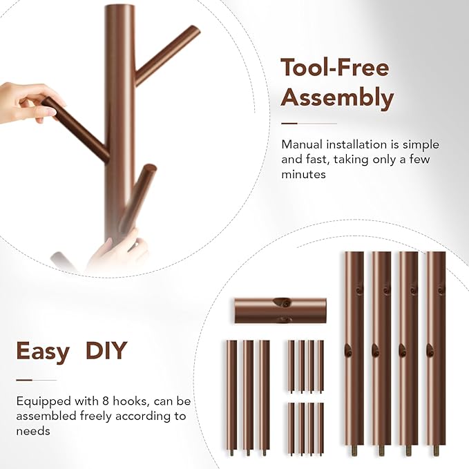 Wooden Coat Rack Freestanding with 8 Hooks,Easy Assembly New Zealand Pine Tree Coat Racks, 3 Adjustable Sizes for Clothes, Hats, Bags, for Entryway, Hallway, Bedroom, Office (Brown, 1 PC)