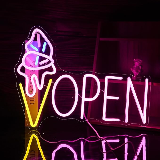 Ice Cream Open Neon Sign LED Light up Ice Cream Sign Dimmable Dessert Open Wall Decor Sign for Business Store Dessert Shop Bar Party Cafe USB Powered （16.5 * 12.6 In）