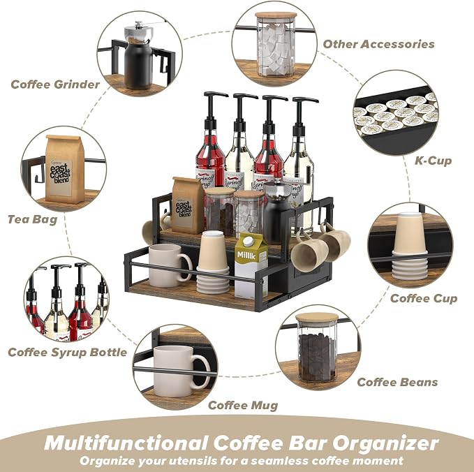 Coffee Syrup Organizer for Countertop, 2-Tier Coffee Bar Organizer with K Cup Storage Drawer, Syrup Rack Station for Accessories, Table Holder Stand for Wine,Tea,Condiment (Elegant Brown)