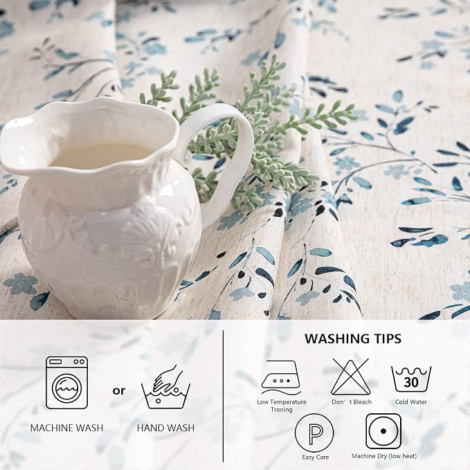 Mysky Home Rectangle Table Cloth 60x120 Inch - Spring Summer Floral Tablecloth, Waterproof Linen Fabric Oblong Table Cloth for Kitchen Dining Tablecloth for 6 Feet Table Blue, Small Blue Flower Design