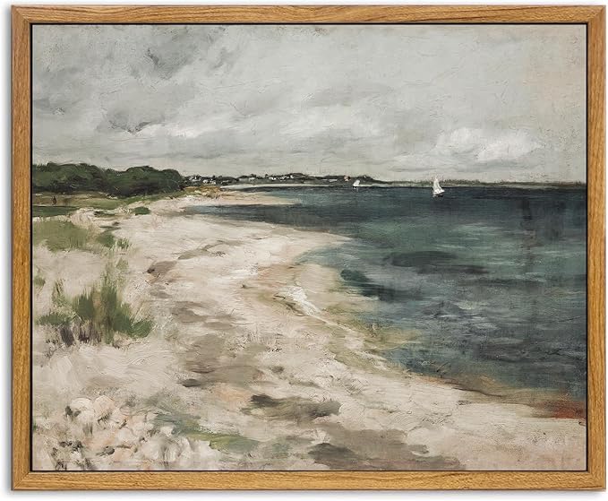 KBKBART Vintage Wall Art, Retro Coastal Seaside Beach House Framed Canvas Art Prints Painting Farmhouse Decor, Rustic Impressionism Scenic Landscape Wall Decor for Bathroom, Bedroom(9"x11")
