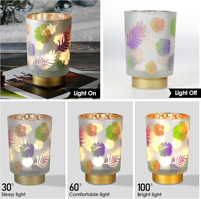 Eywamage Small Battery Operated Table Lamp, Glass Floral Lamp with Remote Timer, Cordless Lamp for Bedroom Living Room Kitchen