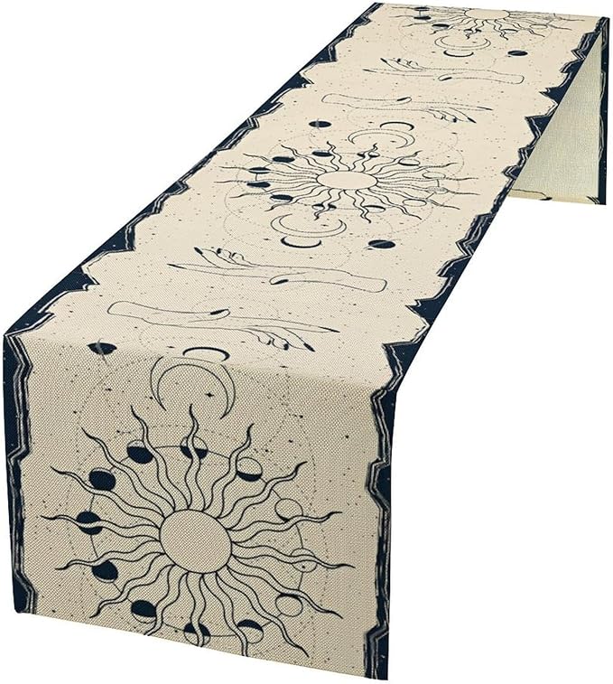 Mystic Sun Moon Table Runner, Boho Magic Tarot Gothic Witchy Hand Table Runner for Kitchen Dining Outdoor Indoor Party, 13x108 Inch