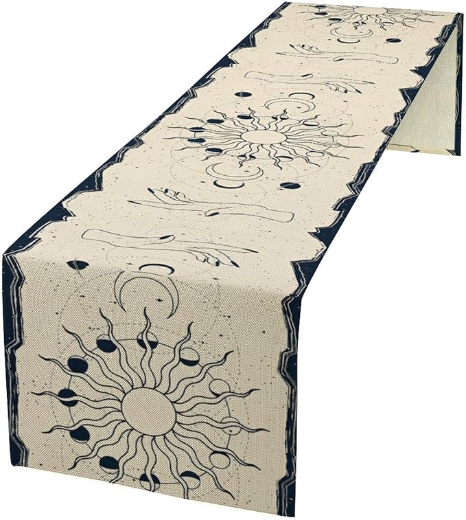 Mystic Sun Moon Table Runner, Boho Magic Tarot Gothic Witchy Hand Table Runner for Kitchen Dining Outdoor Indoor Party, 13x90 Inch