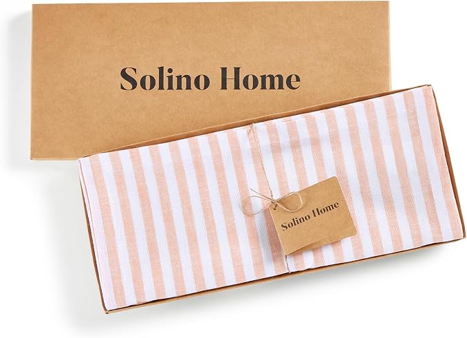 Solino Home Striped Linen Table Runner 60 Inches - Amalfi Stripe, 100% Pure Linen Coral and White Small Table Runner 14 x 60 Inch Ideal for Dresser and Coffee Tables, Summer