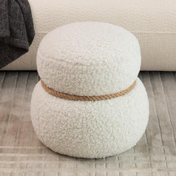 16.15" Cute Small Footrest Ottoman,Teddy Fabric,Snowman Shapes,Modern Round Pouf for Living Room,Apartment, Office,Dorm Decor (White,Snowman)