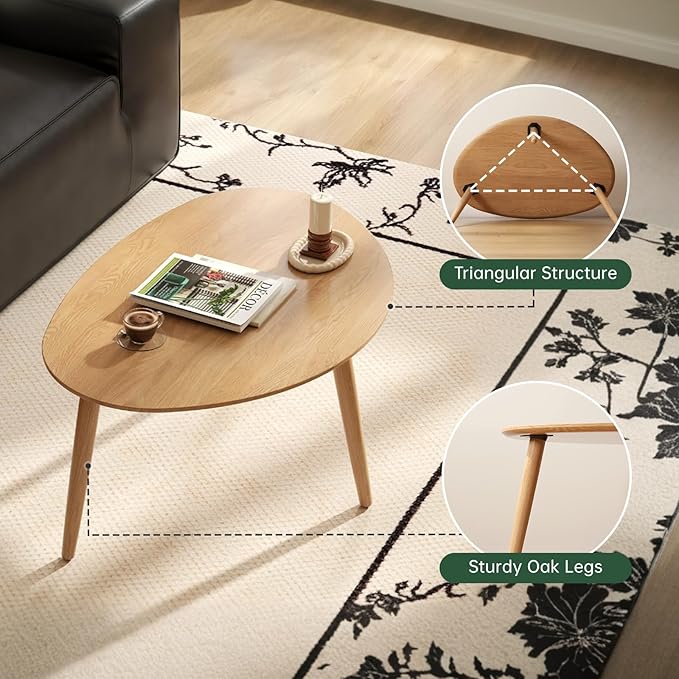 Small Oval Coffee Table, 19.7" Mid Century Modern End Table for Living Room, 100% Solid Oak Wood Center Table, Side Table (Original Wood Color, 19.68" Wx13.38 Dx17.71 H)