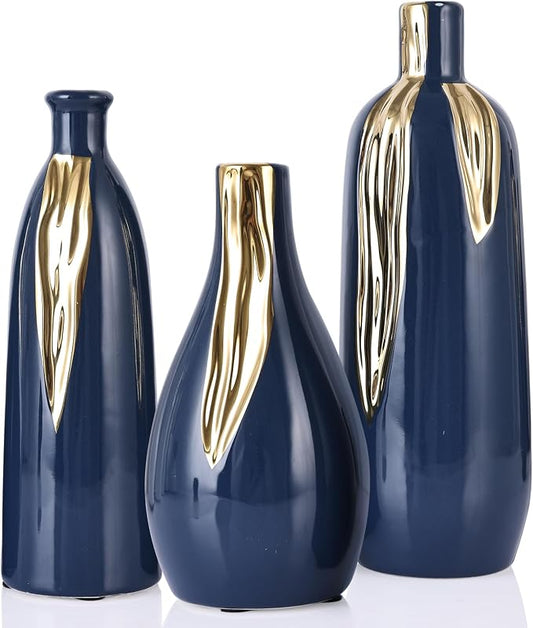 Ceramic Vase Set of 3, Blue and Gold Vases for Home Decor Farmhouse Vases, Mantels, Shelves and Entryways, Table Centerpieces, Living Rooms, Fireplaces and Kitchen Decor.