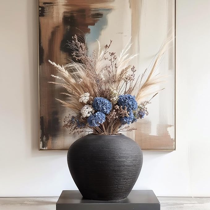 Rustic Ceramic Vase, 7" Black Farmhouse Tall Vase, Vintage Vases, Modern Terracotta Decor Vases for Home Decor, Living Room, Entryway, Table Centerpieces, Shelf, Kitchen, Housewarming Gifts