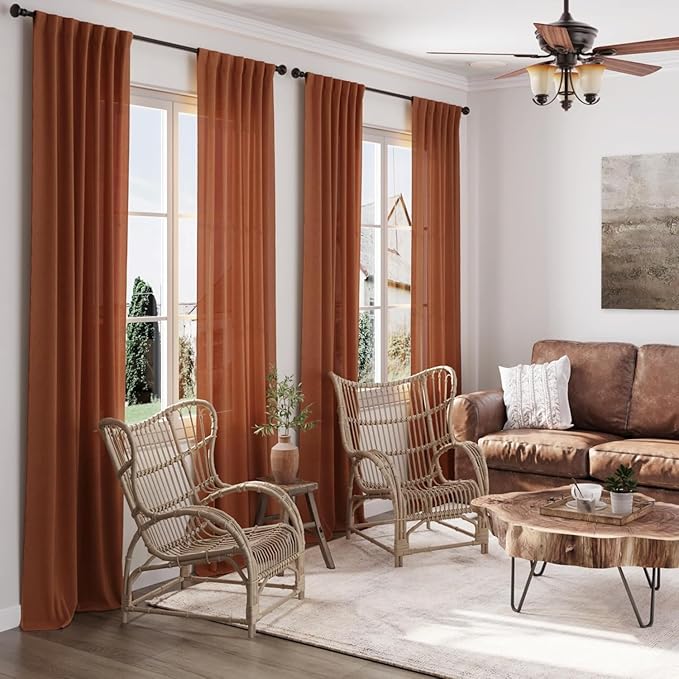 Nanspring Extra Wide Terracotta Curtains for Living Room 102 Inches Long Back Tab and Rod Pocket Linen Semi Sheer Farmhouse Boho Floor to Ceiling Curtain for Bedroom Office Luxury 100x102, 2 Panels