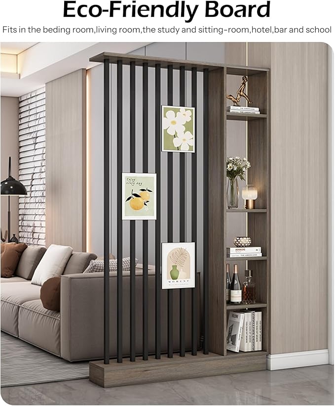 Wall Room Divider, Storage Cabinet Storage Display with Shelves, Modern Freestanding Wood Room Divider Screen, Wall Privacy Screens for Home Decorative (Grey Oak+Black,35.4" L x 9.5" W x 79.5" H)