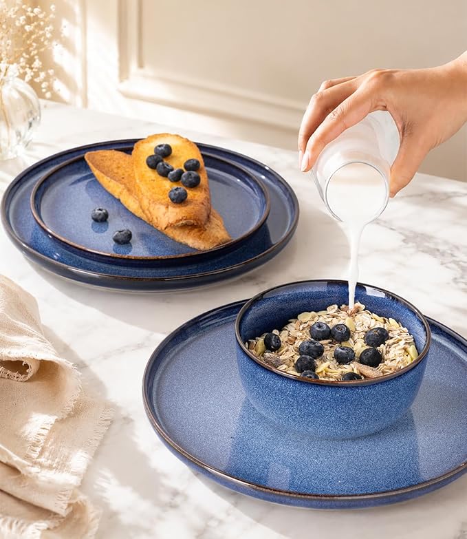 GBHOME Dinnerware Sets for 8, 24 Pieces Stoneware Plates and Bowls Sets, Scratch Resistant Ceramic Dishes, Dishwasher & Microwave Safe, Reactive Glaze-Sea Blue
