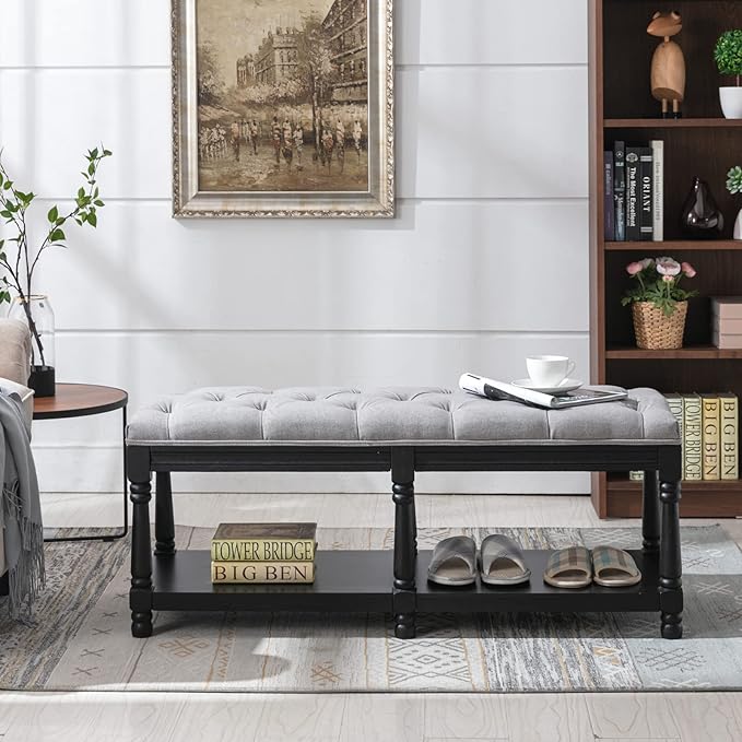 Farmhouse Storage Bench Wooden Entryway Linen Upholstered Ottoman Button Tufted Bench with Black Legs for Bedroom End of Bed Hallway Organizer, Grey, 45 Inch