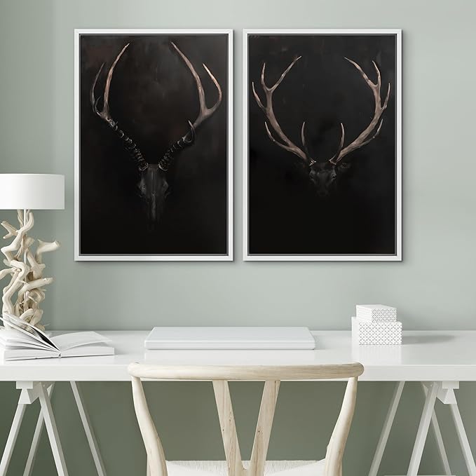 SIGNWIN Framed Canvas Print Wall Art Rustic Antler Skull Dark Dramatic Black Vintage-Inspired Deer and Elk Antlers Illustrations Decorative for Living Room, Bedroom, Office - 16"x24"x2 White