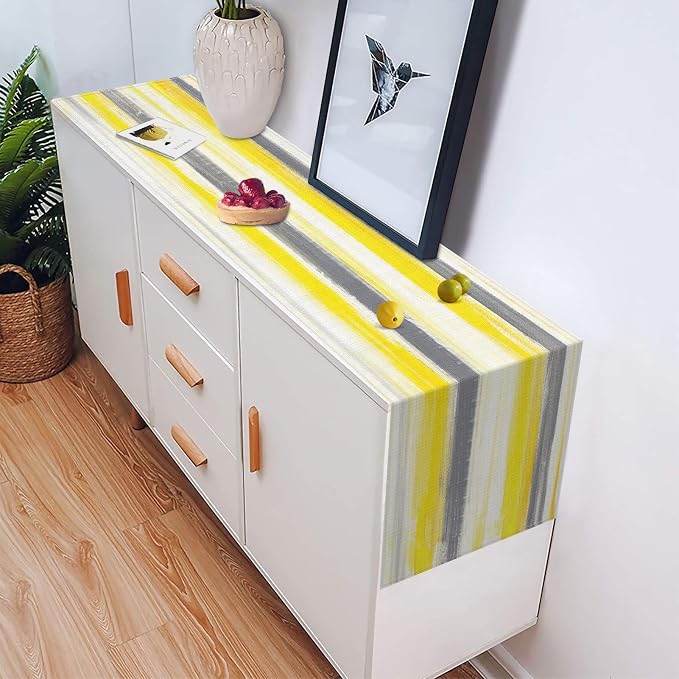 Emvency Yellow Abstract Table Runner, Modern Grey White Striped Dining Decor for Kitchen Coffee Table Family Dinners Holiday Parties Wedding Events Decor(13x72 inch)