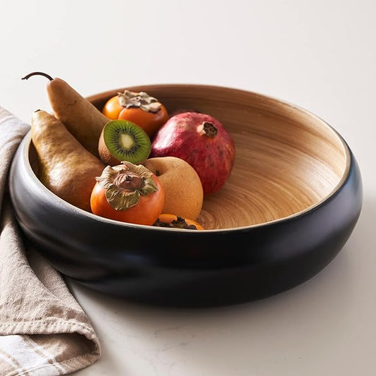 Fruit Bowl for Kitchen Counter – Handmade Spun Bamboo, Large 11.75" Fruit Basket, Eco-Friendly Decorative Serving Bowl for Home Decor, Produce Storage & Centerpiece (Black)