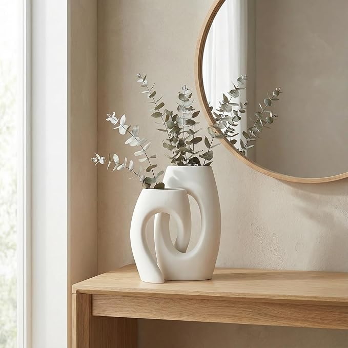 Ceramic Vase Set of 2, Minimalist Neutral Clay Vases for Modern Home Decor, Aesthetic Decorative Centerpieces for Living Room, Bedroom, or Entryway