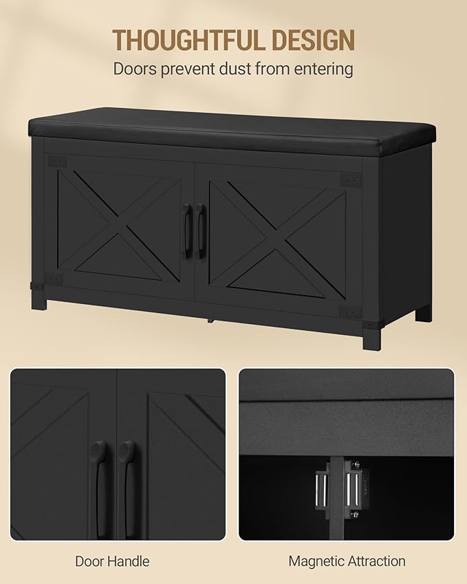 Hzuaneri Shoe Storage Bench, 2 Tier Shoe Bench with Padded Seat Cushion & 2 Barn Doors, Entryway Bench with Adjustable Shelf, Farmhouse Shoe Cabinet for Living Room, Bedroom, Black SB26606BK
