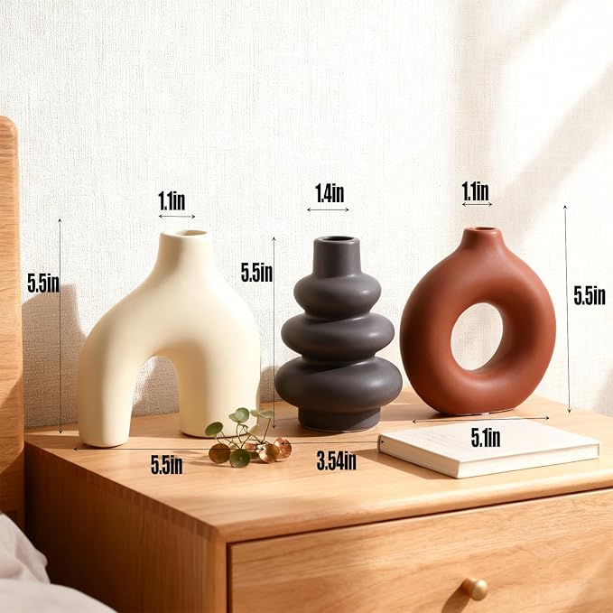 Ceramic 3 Pcs Vase Set,Modern Home Decor Table Centerpiece,Minimalist Nordic Vases, Wedding, Living Room, Bookshelf, Office, Modern Home, Entryway Boho Decor (D)