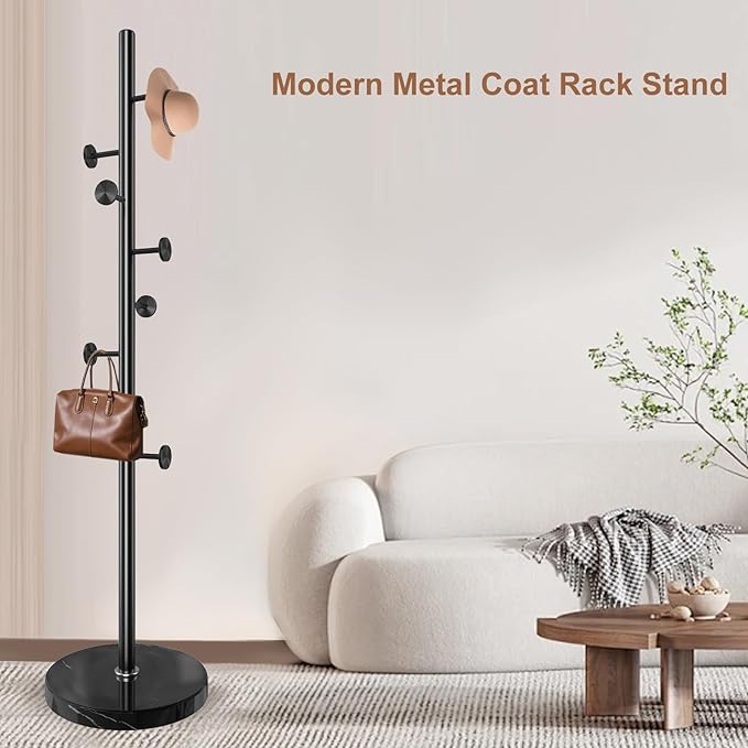 Modern Metal Coat Rack Stand, Coat Rack Freestanding with Natural Marble Base, Sturdy Heavy Duty Coat Racks with 8 Hooks, Black Coat Hall Tree Stand for Entryway, Office