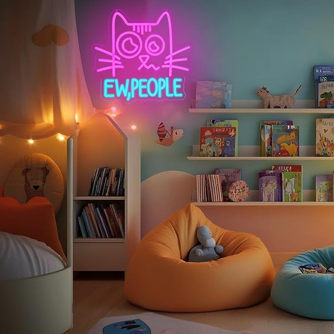 "Ew, People“ Neon Sign for Wall Decor Cat Neon Light Ew People Led Signs Anti Social Introvert Neon Light Up Sign for Bedroom Library Shop Mall Decoration
