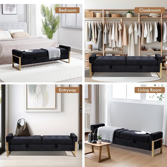 67" End of Bed Storage Bench for Bedroom King Size, Double Lids Storage Ottoman Bench with Golden Legs, Velvet Bed Bench for Living Room Window Entryway, Black