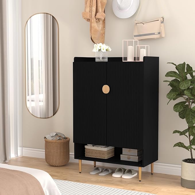 HLR Shoe Storage Cabinet with Doors, 6-Tiers Modern Entryway Shoe Cabinet, Shoes Rack with Adjustable Shelves, Wood Shoe Organizer for Front Door Entrance, Living Room, Black
