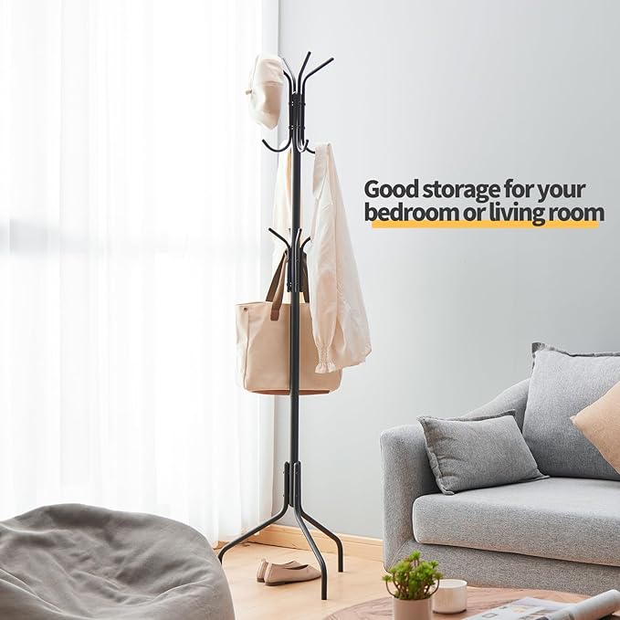 Coat Rack Freestanding,hat and coat rack stand for entryway,Living Room,Bedroom,Metal coat tree with12 Hooks and 3 Legs (Black)