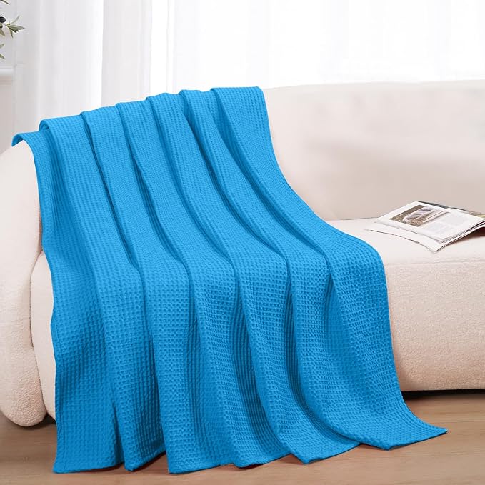 100% Cotton Blankets for Bed - Waffle Weave Blankets for Summer, Lightweight and Breathable Soft Woven Blanket for Spring (Aqua, Twin (60" x 90"))