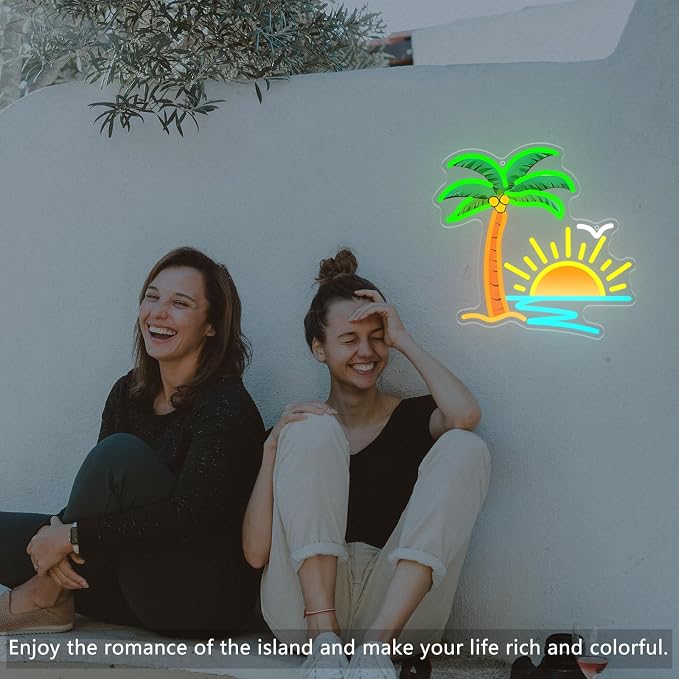 Tropical Neon Sign for Wall Decor, 13.5 x 13 Inch Palm Tree Sunset Neon Light, Dimmable USB Powered Coconut Tree LED Sign for Tiki Bar Hawaii Club Bedroom Bar Beach Theme Restaurant Party Decor