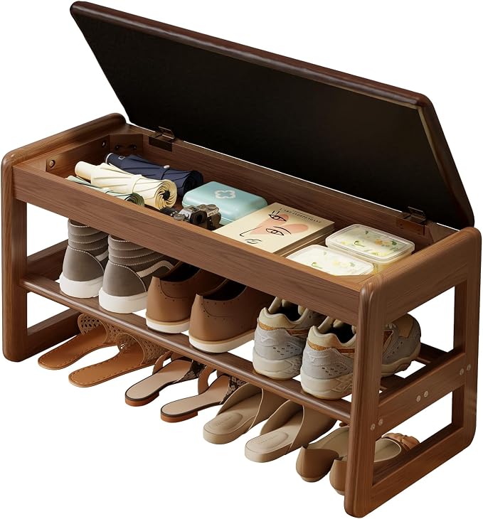 AQIMUELE Shoe Rack Bench,2 Tiers Shoe Bench with Storage with Flip-Top,Wood Shoe Rack for Entryway,Hallway（Dark Walnut Upholstered Seat,11.8" D x 31.5" W x 15.7" H）