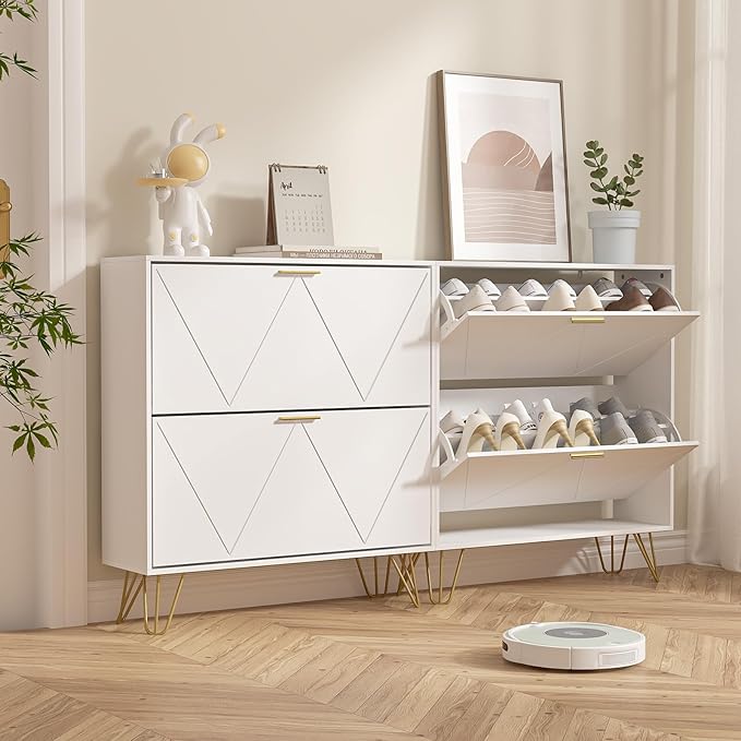 LYNSOM Shoe Cabinet with 2 Flip Drawers, Shoe Cabinet Storage for Entryway, White Shoe Storage Cabinet, Slim Wooden Freestanding Shoe Rack, Shoe Organizer with Fluted Panel for Hallway